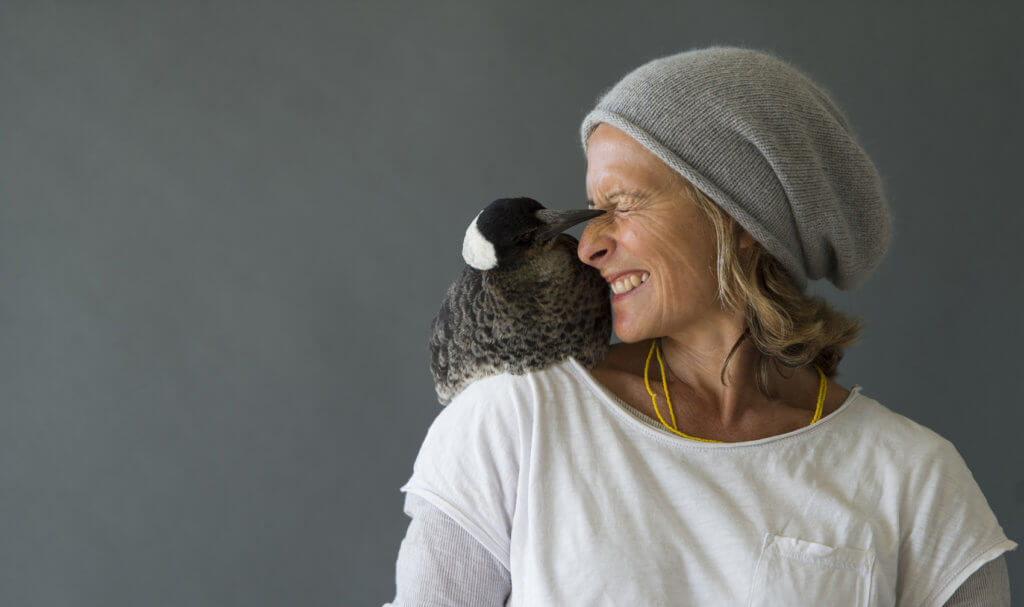 Sam Bloom with Penguin on her shoulder
